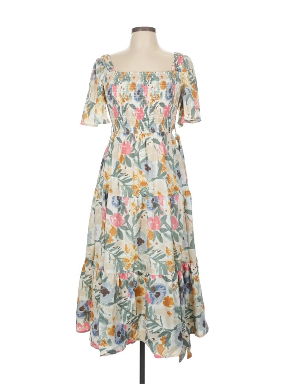 NWT Simplee Floral Tiered Midi Dress in Cream and Multi